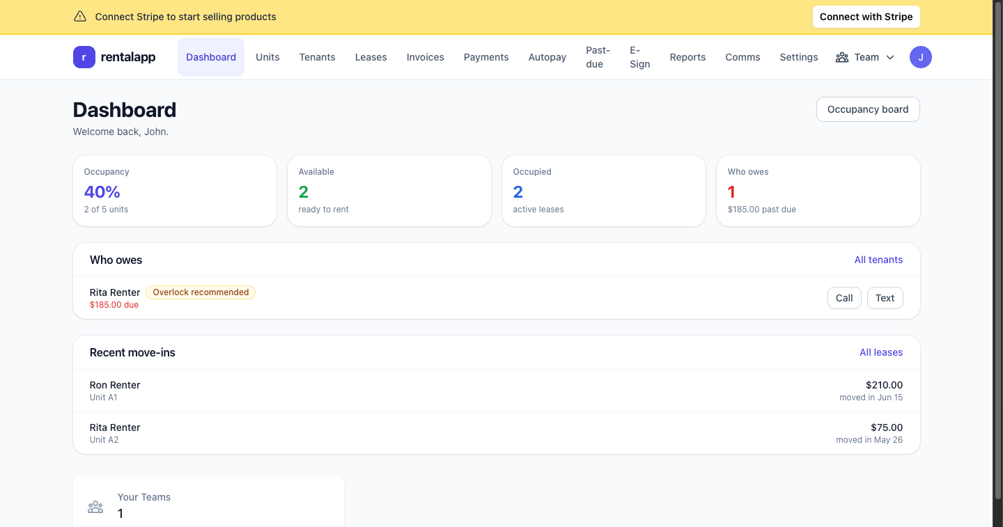 The Stowlane operator dashboard, showing units, money in this month, and who's behind on rent.