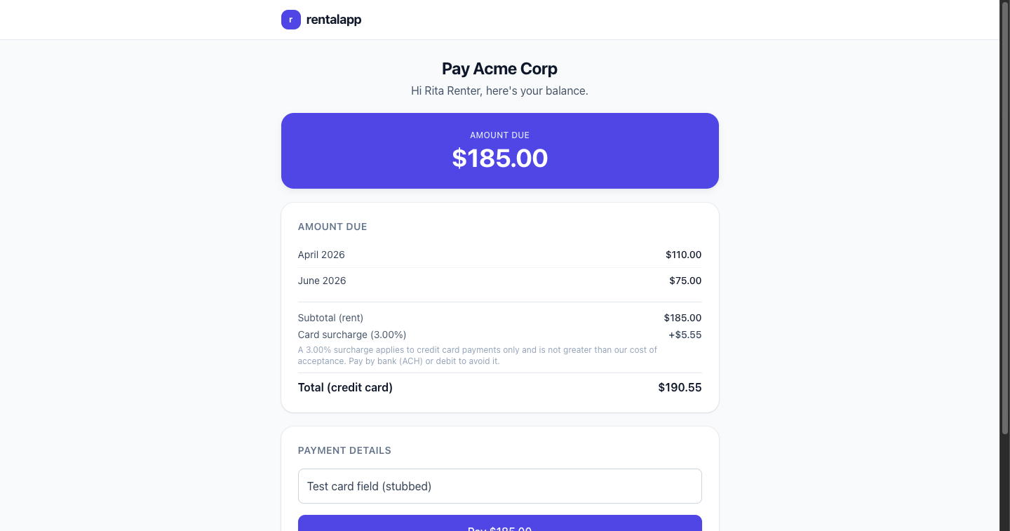 The Stowlane public payment page, where a tenant pays their balance by card.